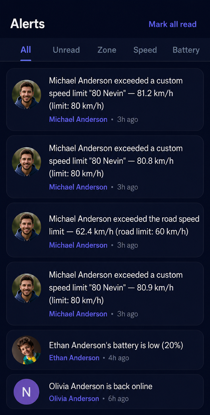 Nova alerts showing speed, battery, and connectivity notifications