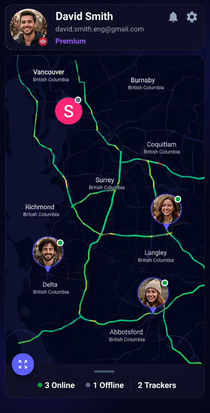 Nova app dashboard showing family members tracked live on a map