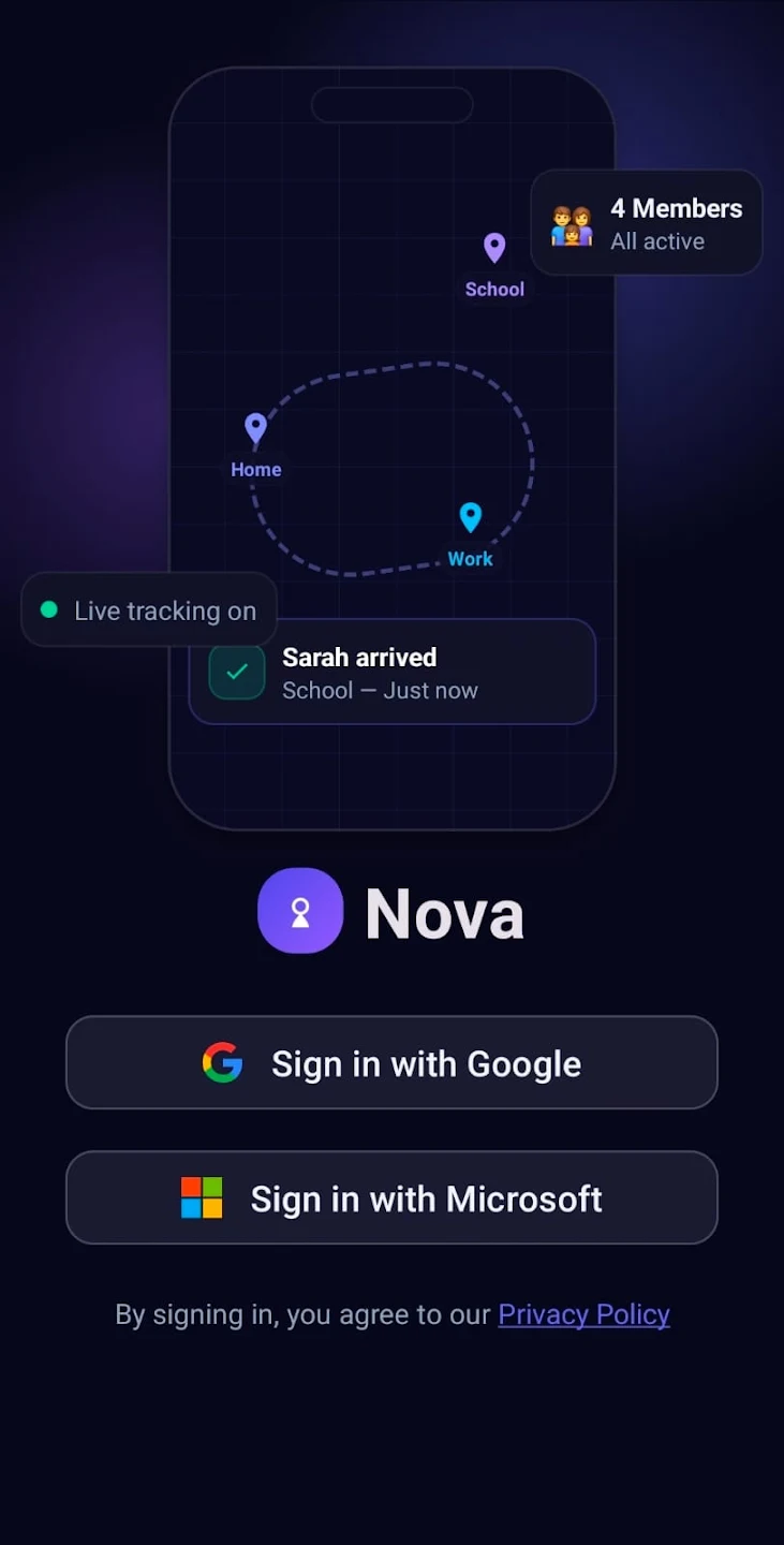 Nova sign-in screen with Google and Microsoft options